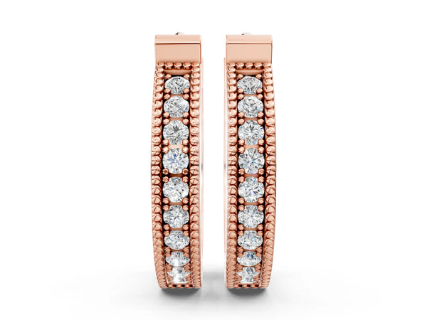 Rose Gold Round Laboratory-Grown Diamond Vintage Pave Hoop Earrings with Milgrain Edge