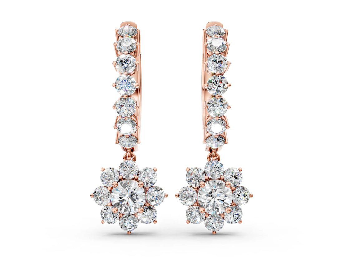 Rose gold Round Diamond Petite Hoop Earrings with Sunflower Drop