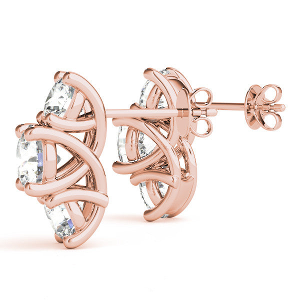 Rose gold Round Diamond Prong Set Three-Stone White Gold Earrings 1