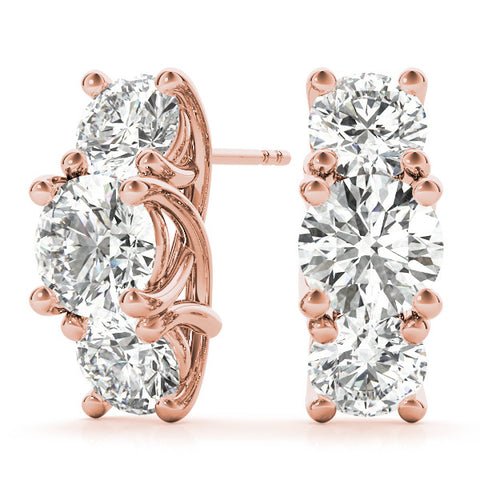 Rose gold Round Diamond Prong Set Three-Stone White Gold Earrings 2