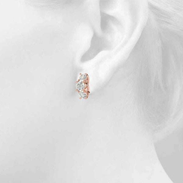 Rose gold Round Diamond Prong Set Three-Stone White Gold Earrings 4