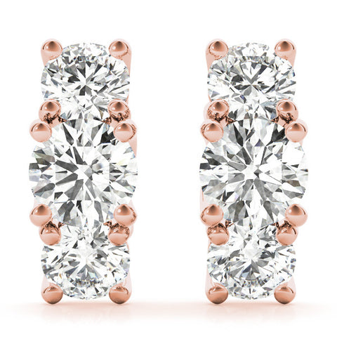 Rose gold Round Diamond Prong Set Three-Stone White Gold Earrings