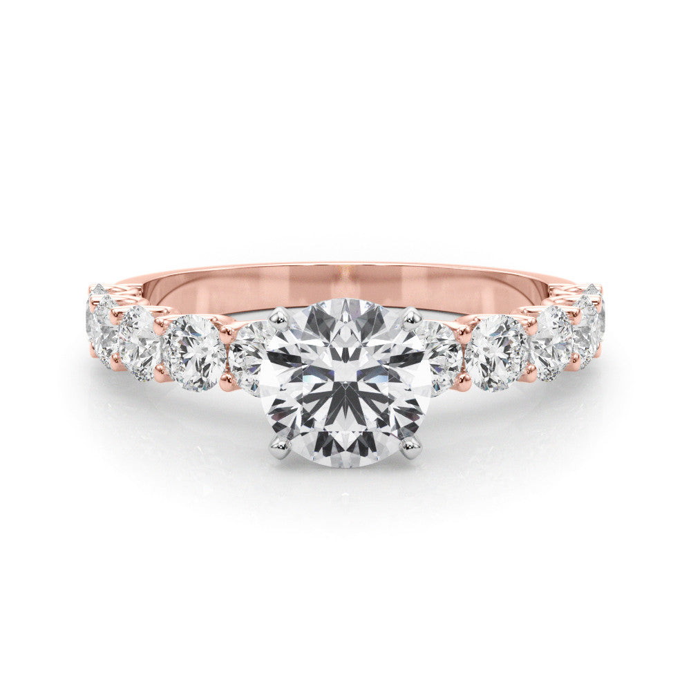 Rose gold Round Diamond Prong Setting with Side Stones on a Pave Band 1