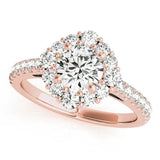 Rose gold Round Diamond Scalloped Halo Ring with Pavé Band and Four-Prong Setting