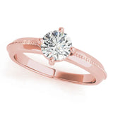 Rose gold Round Diamond Solitaire Ring with Beaded Band and Four-Prong Setting