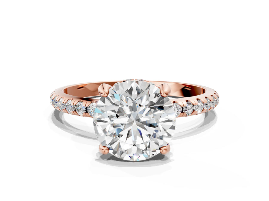 Rose gold Round Diamond Solitaire Ring with Four-Prong Setting and Pavé Band