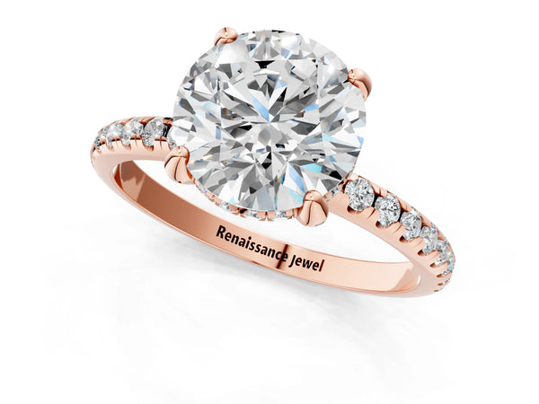 Rose gold Round Diamond Solitaire Ring with Four-Prong Setting and Pavé Band
