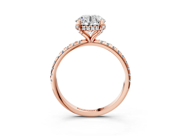 Rose gold Round Diamond Solitaire Ring with Four-Prong Setting and Pavé Band