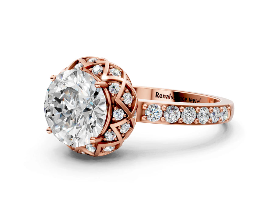Rose gold Round Diamond Solitaire Ring with Shared Prong Pavé Band