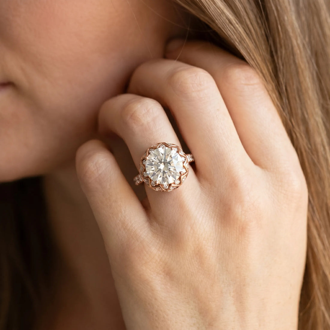 Rose gold Round Diamond Solitaire Ring with Shared Prong Pavé Band_14