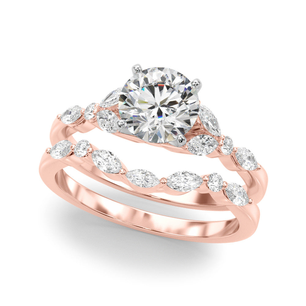Rose gold Round Diamond Solitaire with Side Stones on a White Gold Band and Four-Prong Setting 1