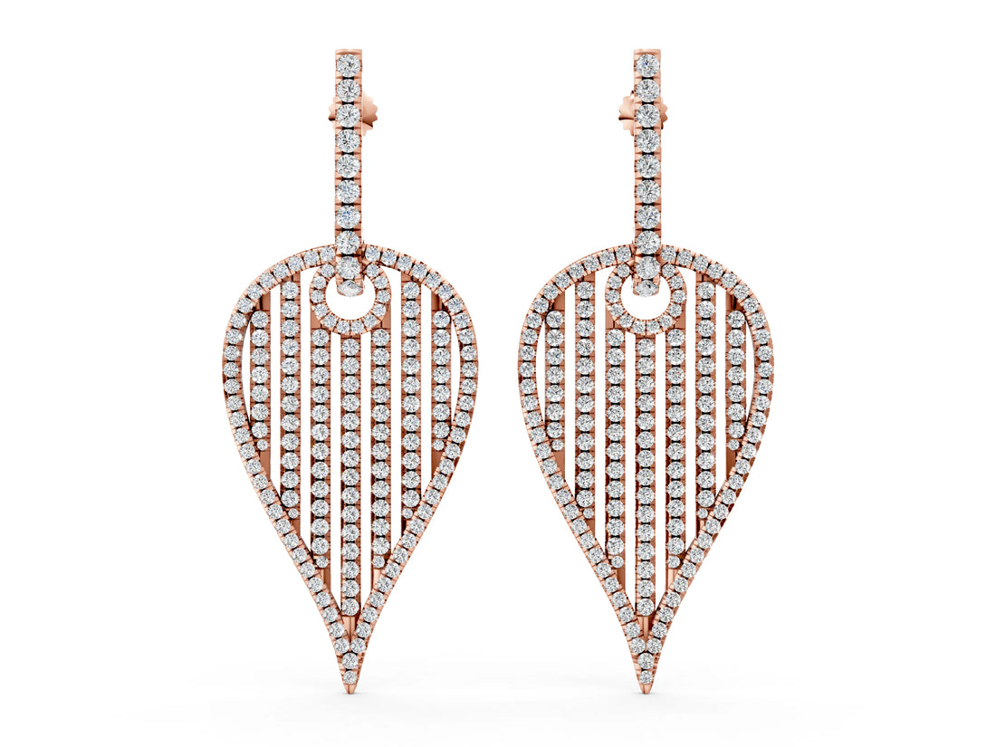 Rose gold Round Diamond Striped Teardrop Statement Drop Earrings_16