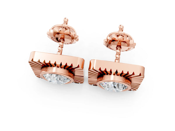 Rose gold Round Diamond Sunburst Square Stud Earrings