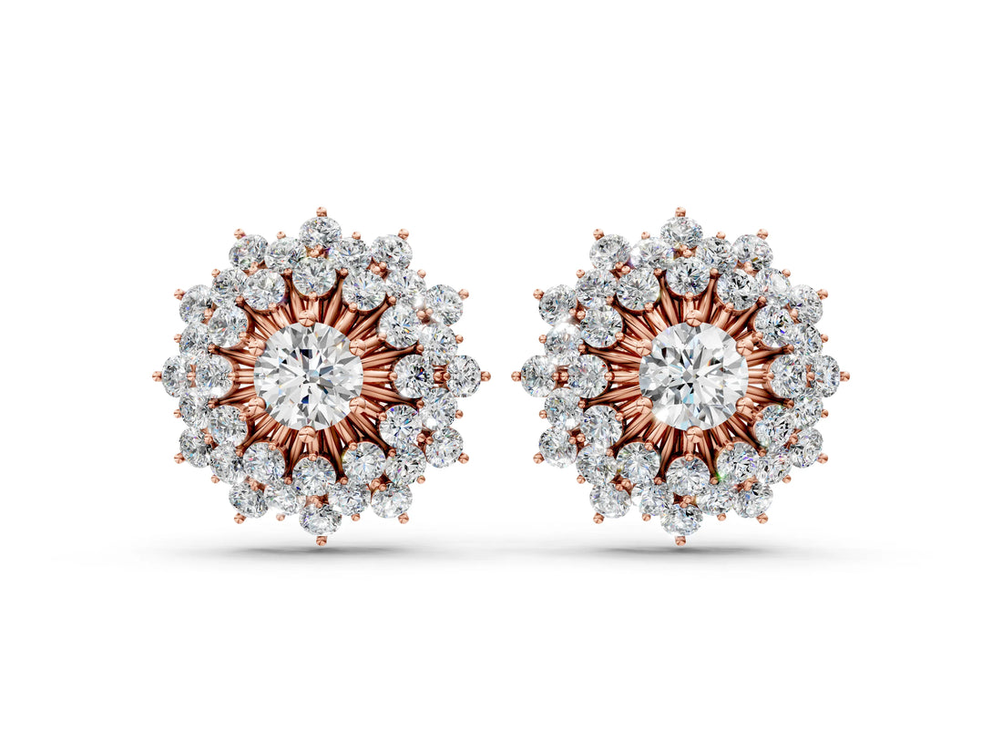 Rose gold Round Diamond Sunburst Stud Earrings