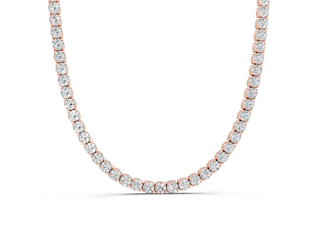 10K Rose Gold 20.98 Carat E VS Round Diamond Tennis Necklace with Four-Prong Setting