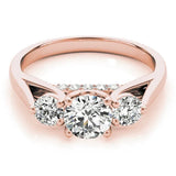 Rose gold Round Diamond Three-Stone Engagement Ring with Prong Setting and Pavé Band 1