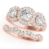 Rose gold Round Diamond Three-Stone Halo Ring with Prong Setting and Pavé Accents 1