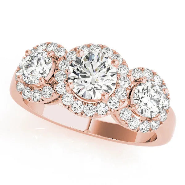 Rose gold Round Diamond Three-Stone Halo Ring with Prong Setting and Pavé Accents