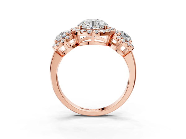 Rose Gold Round Three Stone Halo Engagement Ring Setting