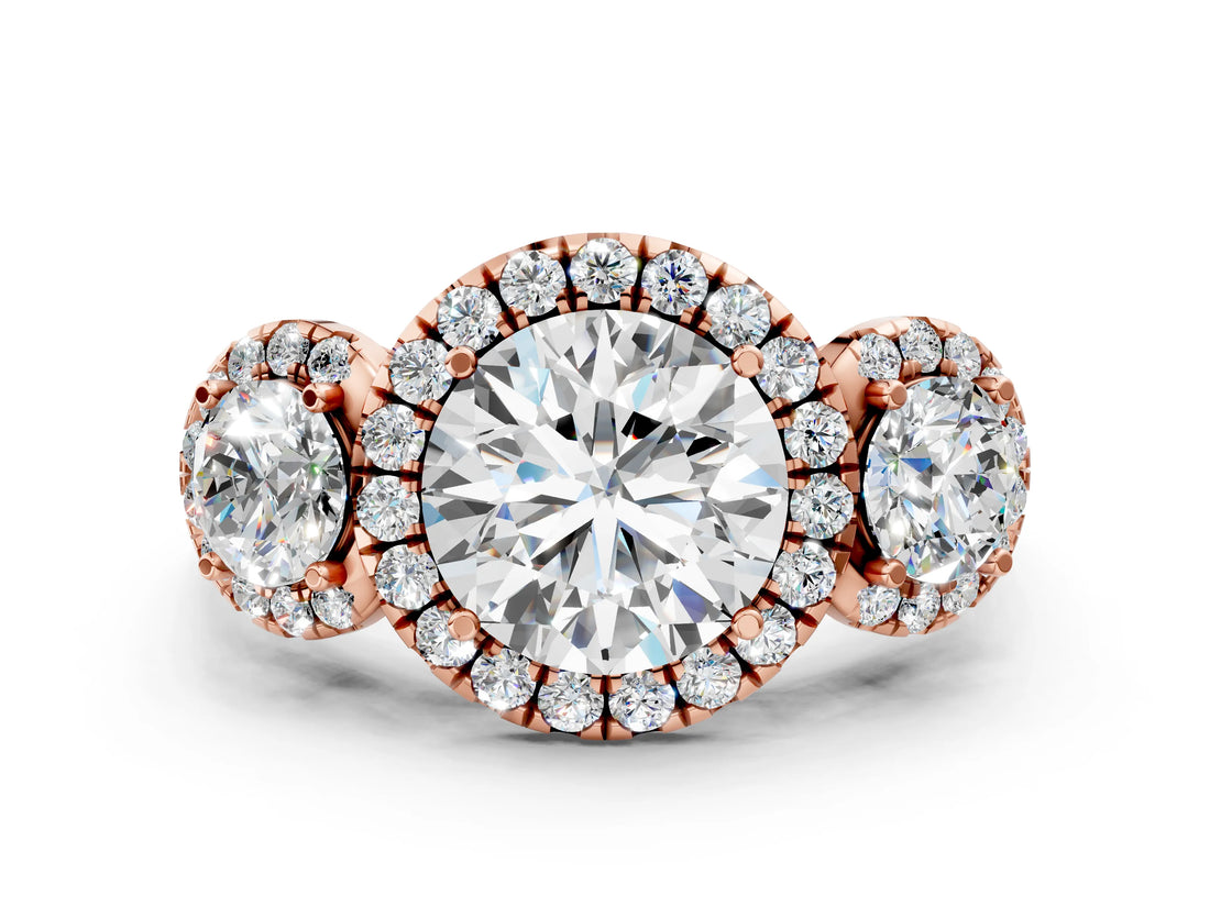 Rose gold Round Diamond Three-Stone Halo Ring with Prong Setting and Pavé Accents_6