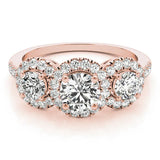 Rose gold Round Diamond Three-Stone Halo Ring with Prong Setting and Pavé Band 1