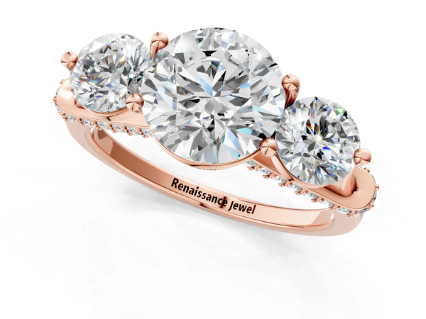 Rose Gold Round Curved Pave Three Stone Engagement Ring Setting