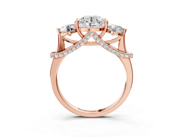 Rose Gold Round Curved Pave Three Stone Engagement Ring Setting