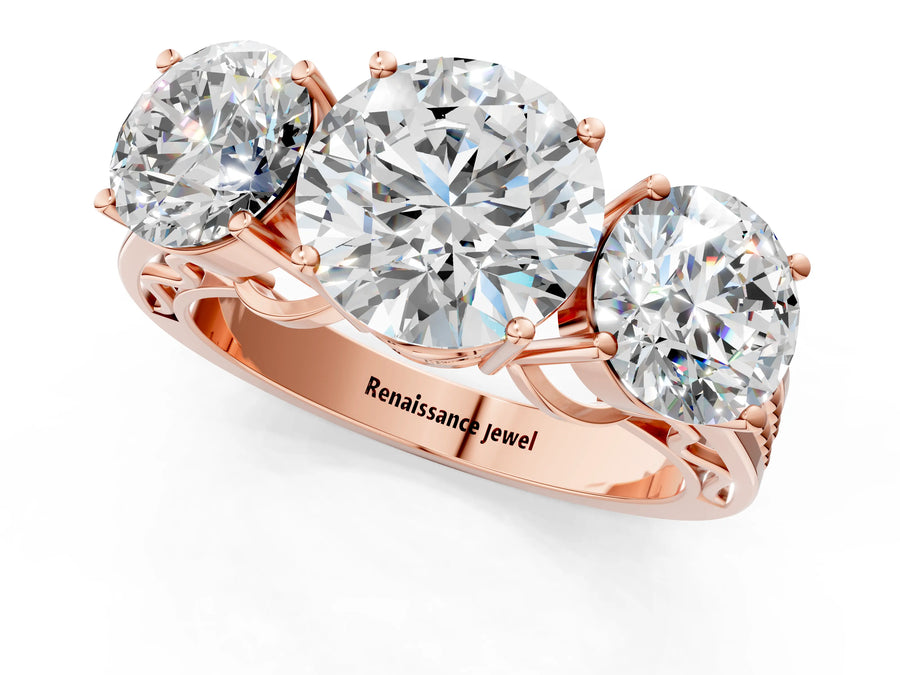 Rose gold Round Diamond Three-Stone Ring with Prong Setting and Textured Band