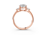 Rose gold Round Diamond Three-Stone Ring with Trapezoid Side Stones and Prong Setting_36