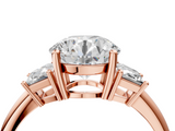 Rose gold Round Diamond Three-Stone Ring with Trapezoid Side Stones and Prong Setting_37