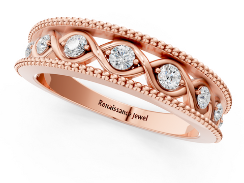 Rose gold Round Diamond Twist Milgrain Band with Bezel Setting_18