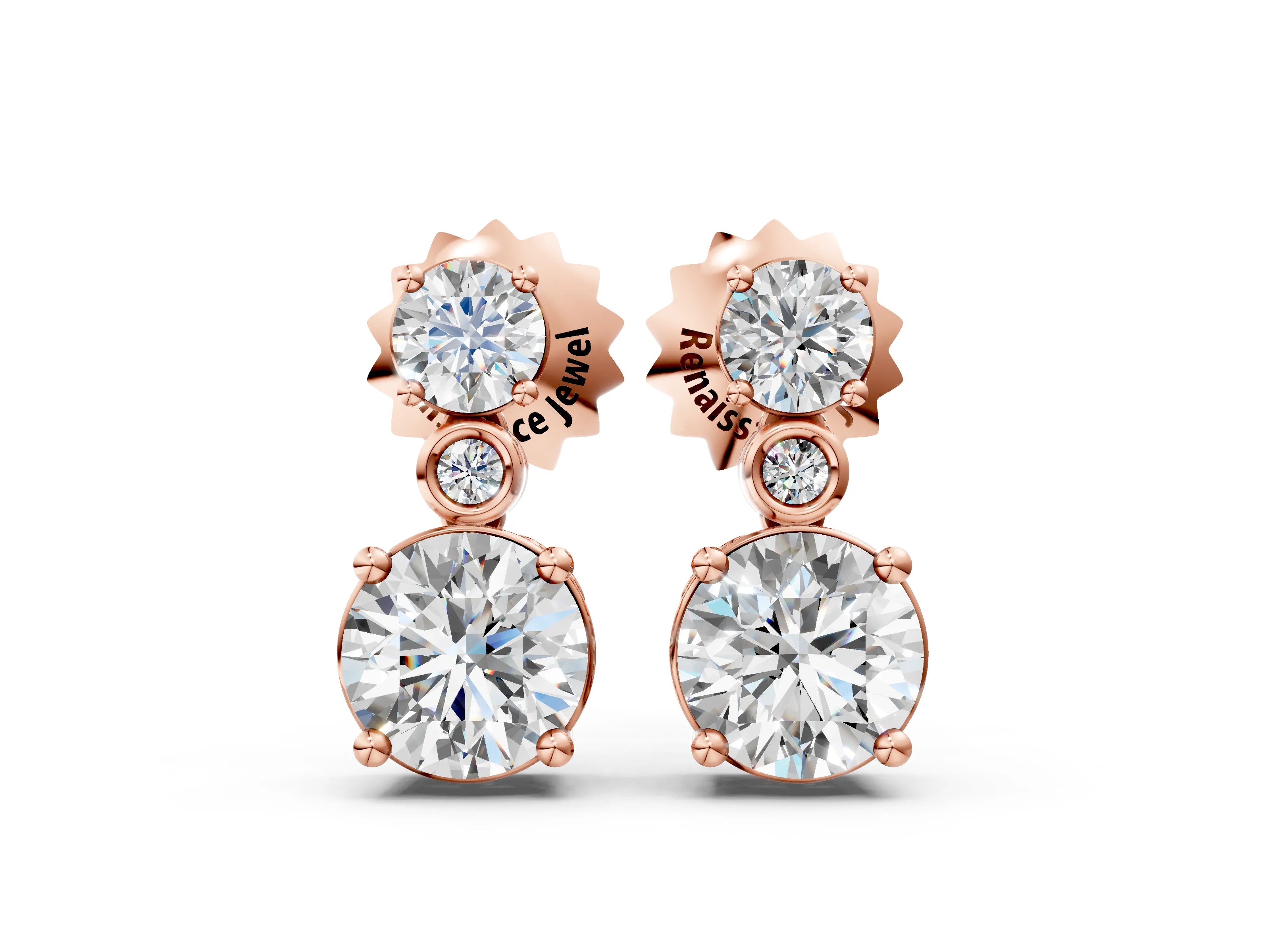 Rose gold Round Diamond Two Stone Drop Earrings with Bezel Diamond Accent_4