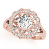 Rose gold Round Diamond Vintage Floral Halo Ring with Split Shank and Four-Prong Setting