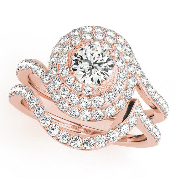 Rose gold Round Double Halo Diamond Swirl Pave Band Ring 1