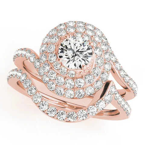 Rose gold Round Double Halo Diamond Swirl Pave Band Ring 1