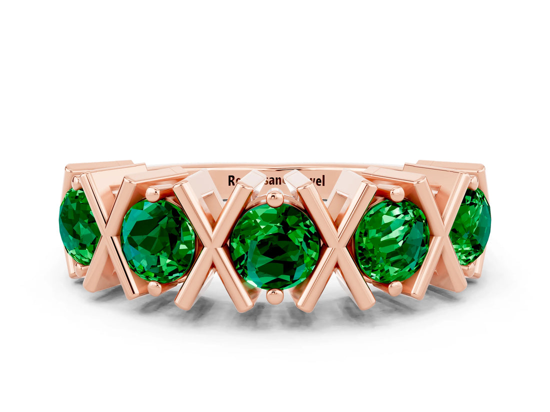 Rose gold Round Emerald Channel Set Band with X-Prong Detail_6