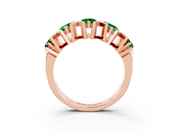 Rose Gold Round Lab-Grown Emerald Five Stone Geometric Wedding Band with X Crossbars