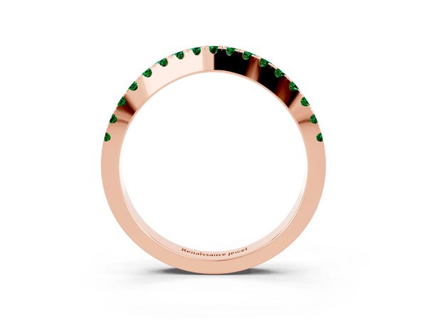 Rose Gold Round Lab-Grown Emerald Pave Curved Wedding Band with Shared Prong Row