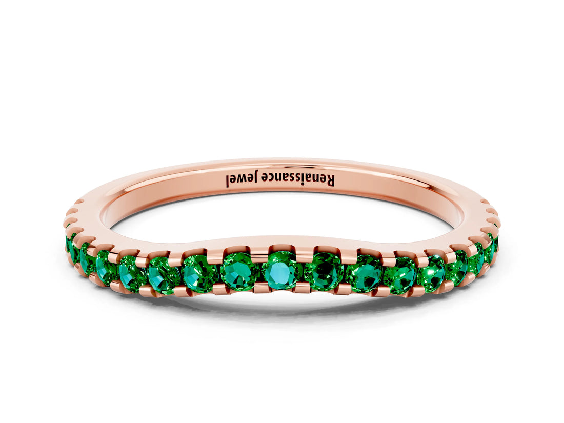 Rose gold Round Emerald Pavé Set Curved Wedding Band_6