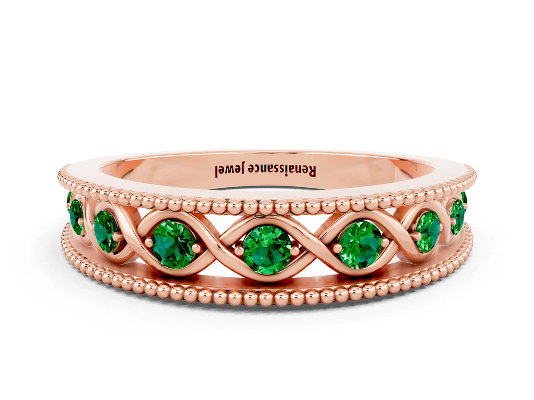 Rose gold Round Emerald Twist Milgrain Band with Bezel Setting_12