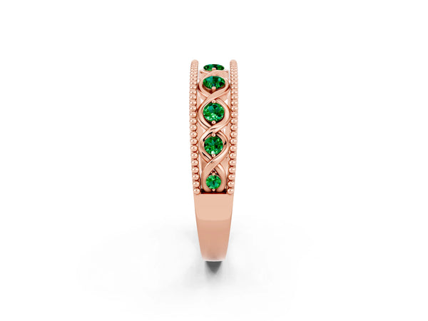 Rose Gold Round Lab-Grown Emerald Vintage Twist Wedding Band with Milgrain Rails