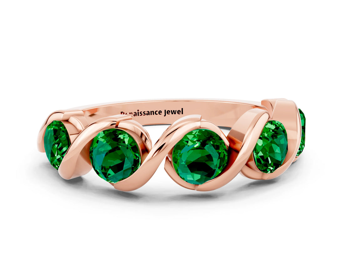 Rose gold Round Emerald Wave Band with Channel Setting and Shared Prongs_6