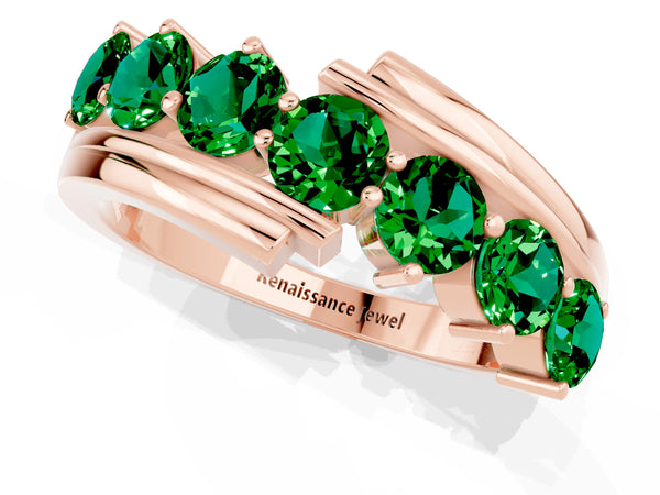Rose Gold Round Lab-Grown Emerald Diagonal Wave Bypass Band with Shared Prongs