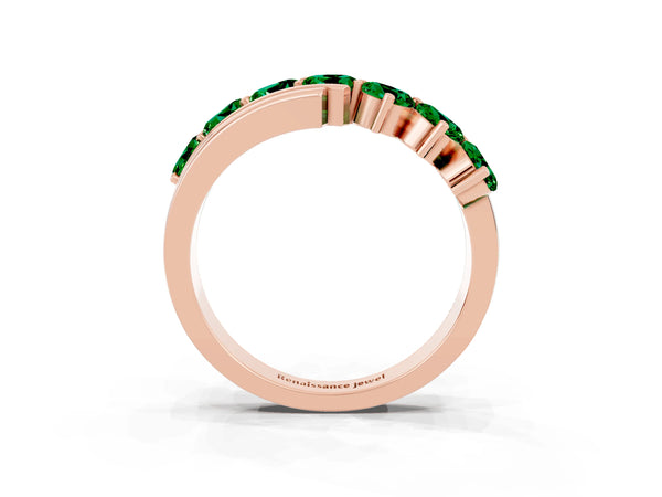 Rose Gold Round Lab-Grown Emerald Diagonal Wave Bypass Band with Shared Prongs