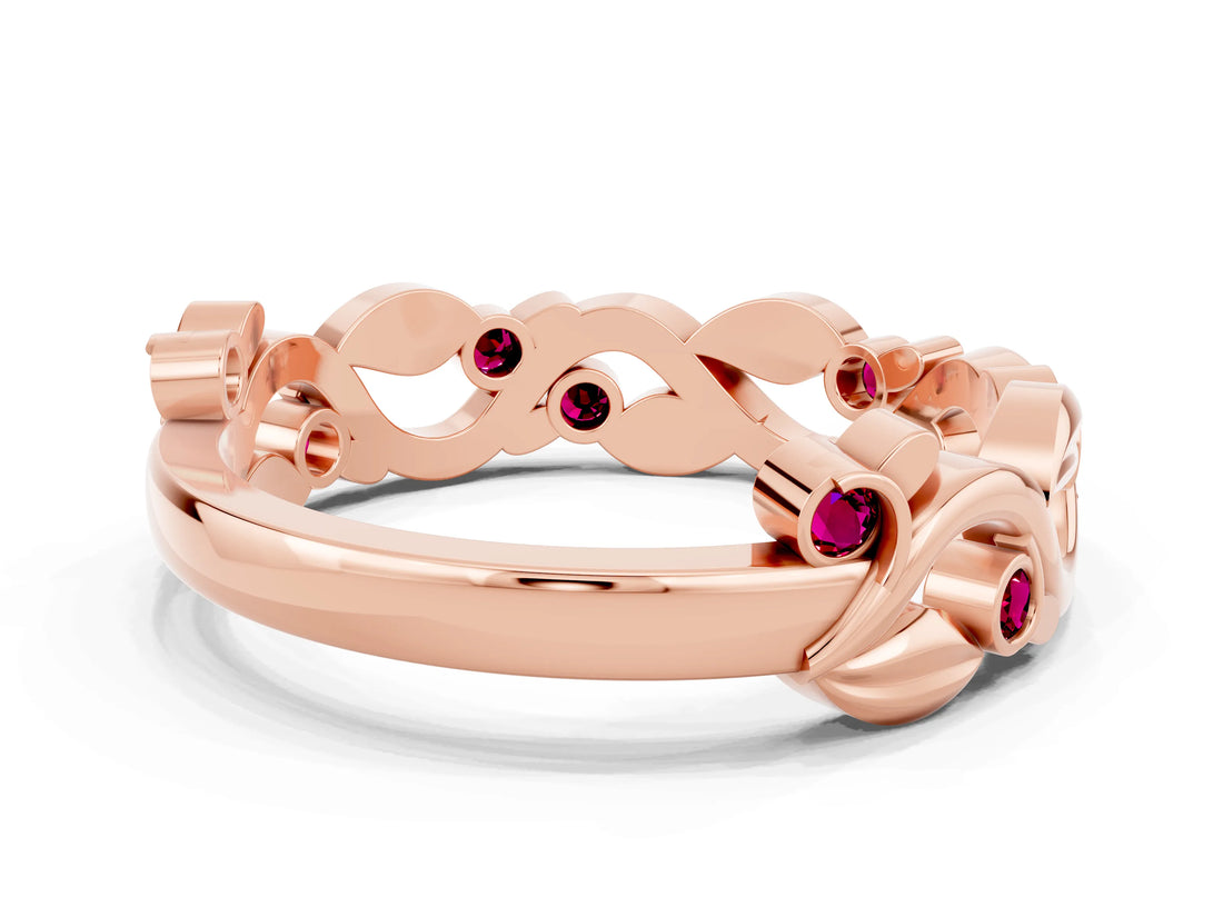 Rose gold Round Garnet Leaf Eternity Band with Bezel Setting_78