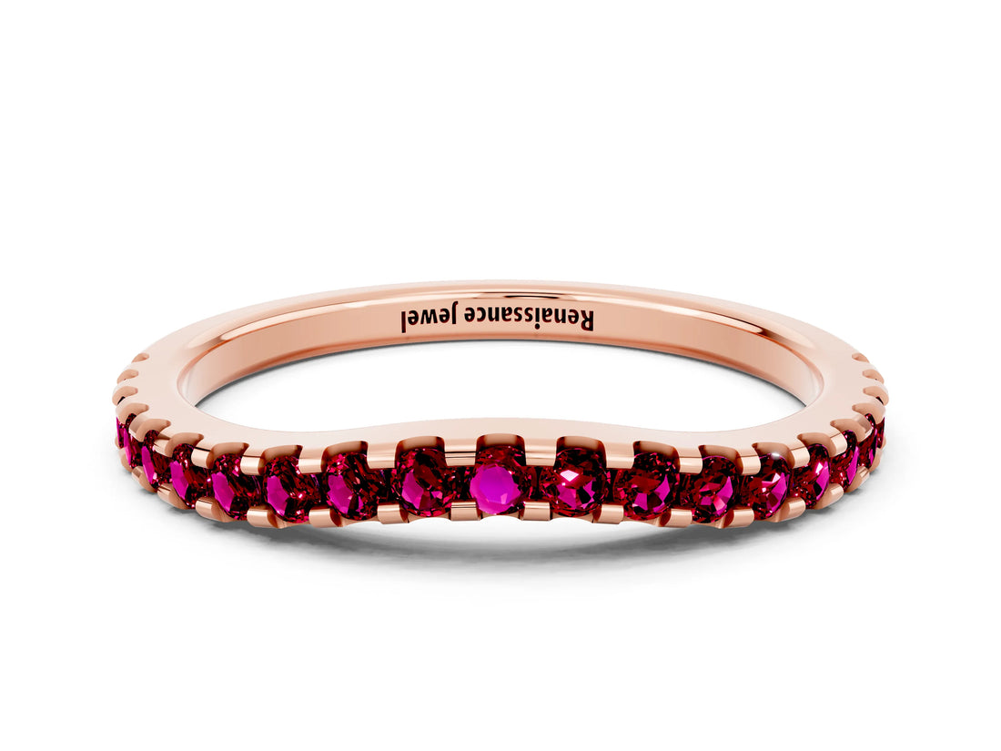 Rose gold Round Garnet Pavé Set Curved Wedding Band_6