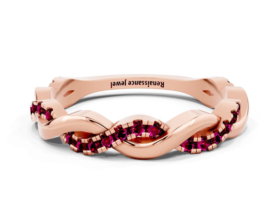 Rose gold Round Garnet Twist Eternity Band with Pavé Setting_6