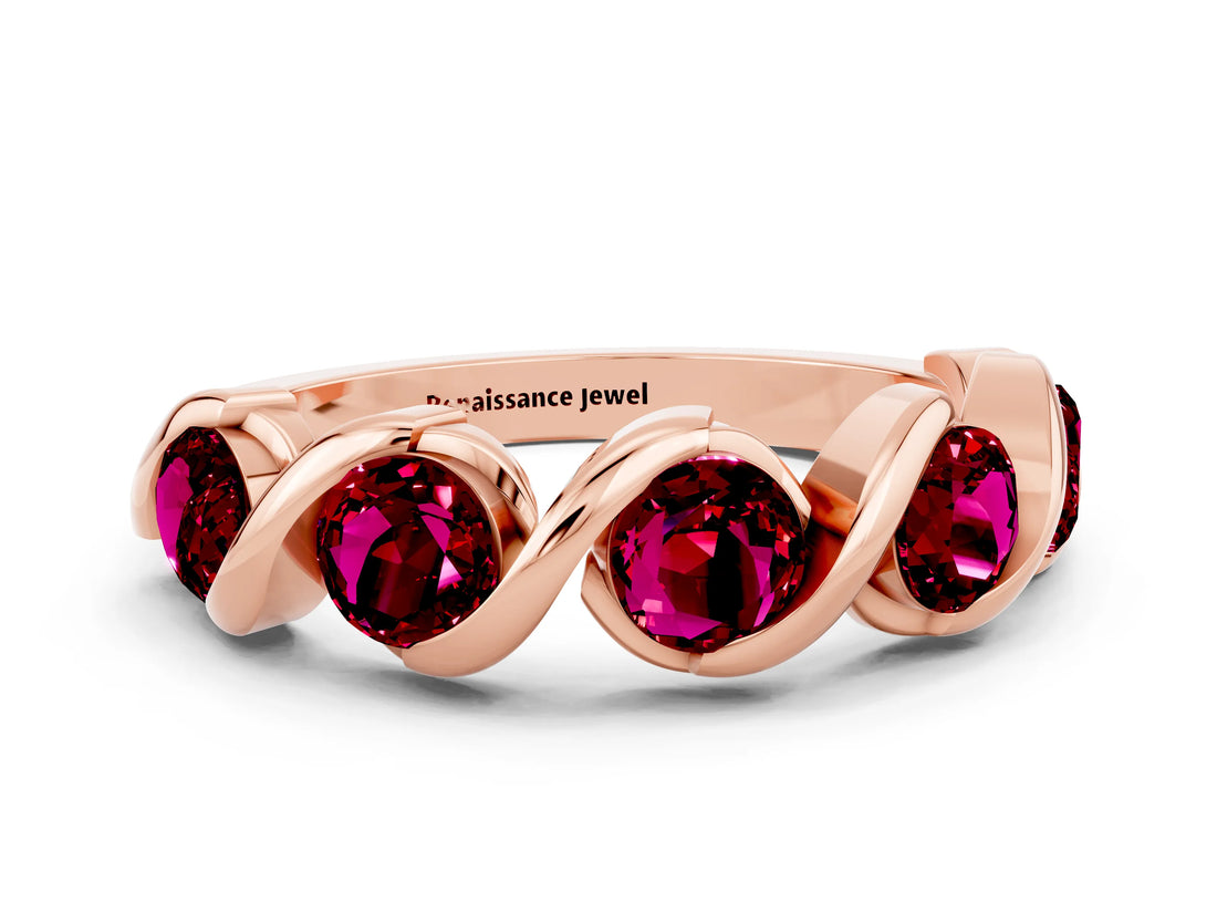 Rose gold Round Garnet Wave Band with Channel Setting and Shared Prongs_6