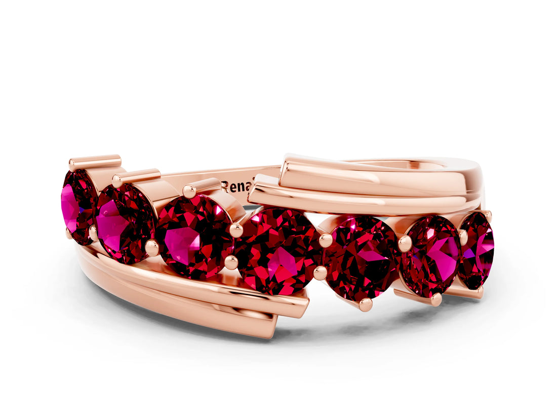 Rose gold Round Garnet Wave Band with Channel and Shared Prong Setting_18