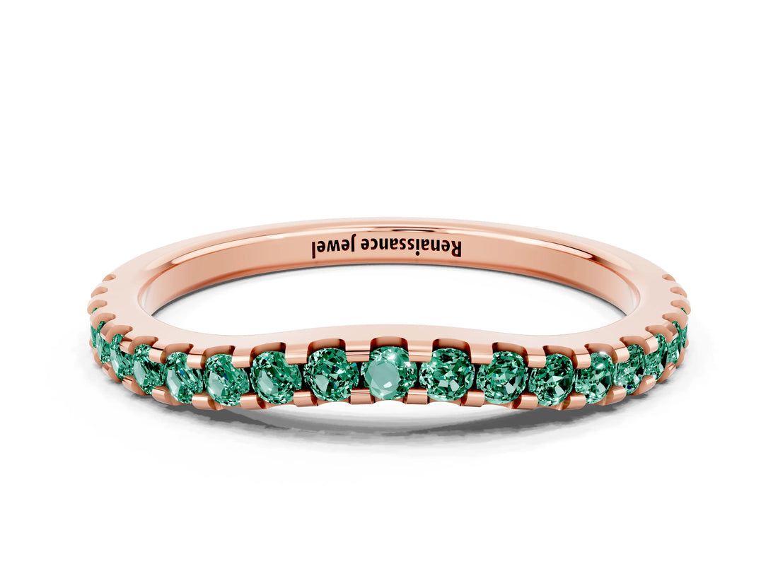 Rose gold Round Green Sapphire Pavé Set Curved Wedding Band_6
